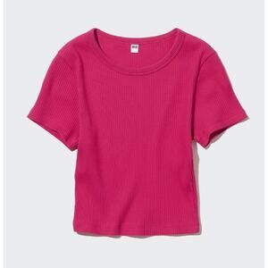 Uniqlo Ribbed Crew Neck Short Sleeve Cropped T-shirt in Pink